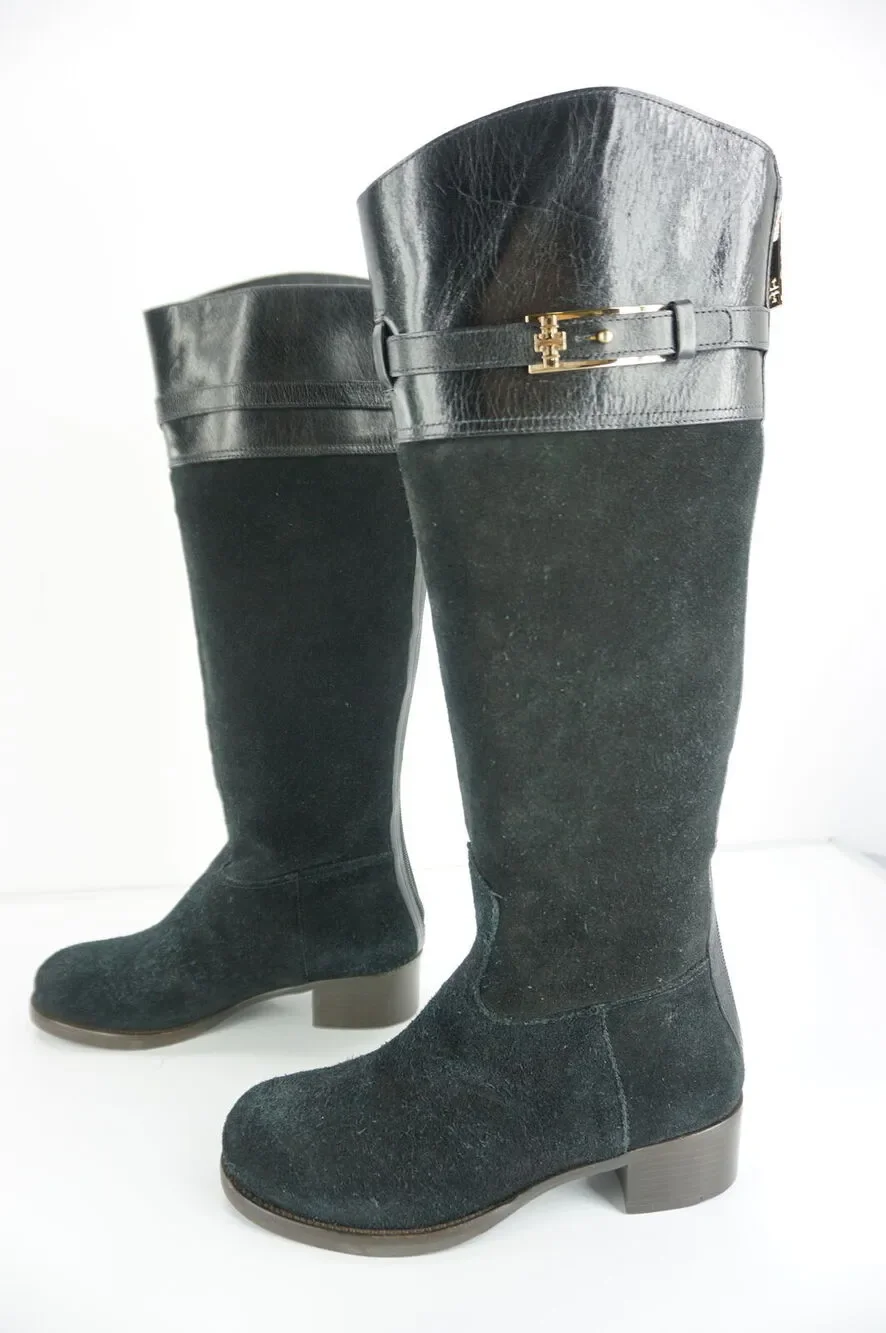 Tory Burch Black Suede Jenna Logo Tall Knee Riding Boots New